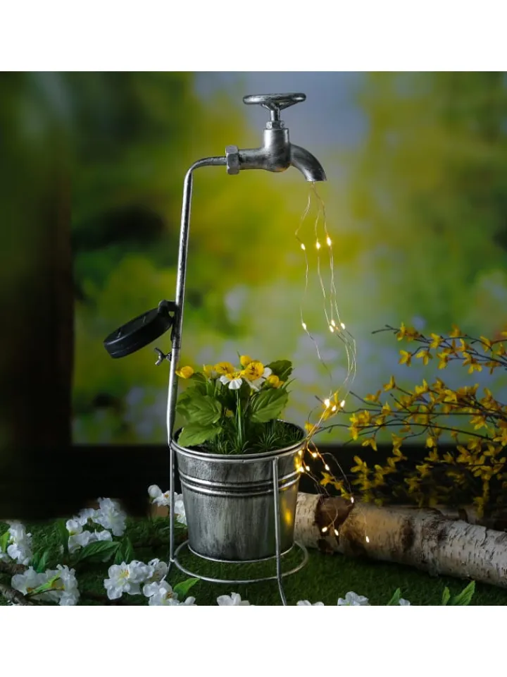 MARELIDA Lichterketten & Dekobeleuchtung<LED Solar Wasserhahn mit Blumentopf Gartendeko H: 60cm silber