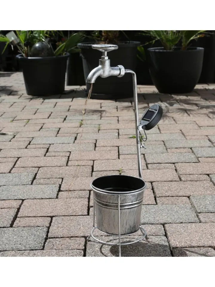 MARELIDA Lichterketten & Dekobeleuchtung<LED Solar Wasserhahn mit Blumentopf Gartendeko H: 60cm silber