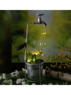 MARELIDA Lichterketten & Dekobeleuchtung<LED Solar Wasserhahn mit Blumentopf Gartendeko H: 60cm silber