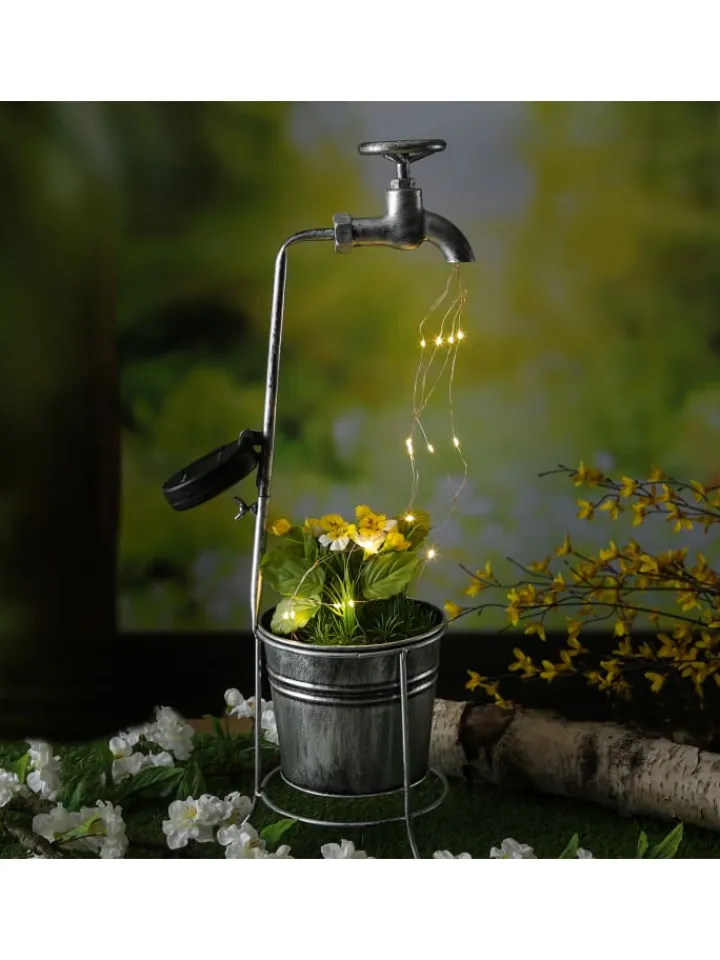 MARELIDA Lichterketten & Dekobeleuchtung<LED Solar Wasserhahn mit Blumentopf Gartendeko H: 60cm silber