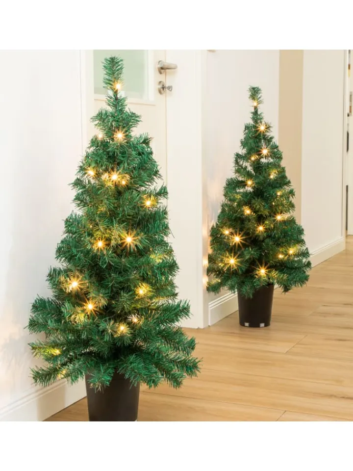 MARELIDA Künstliche Weihnachtsbäume<LED Weihnachtsset für Haustür Kranz und 2 Tannenbäume beleuchtet in grün