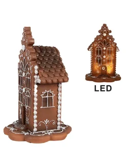 Clayre & Eef Dekofiguren & -Objekte<LED-Dekohaus in Hellbraun - (B)13 x (H)20 x (T)13 cm