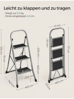 Songmics Weitere Haushaltshelfer<Leiter in Silber/ Schwarz - (B)46,5 x (H)105 x (T)74,5 cm