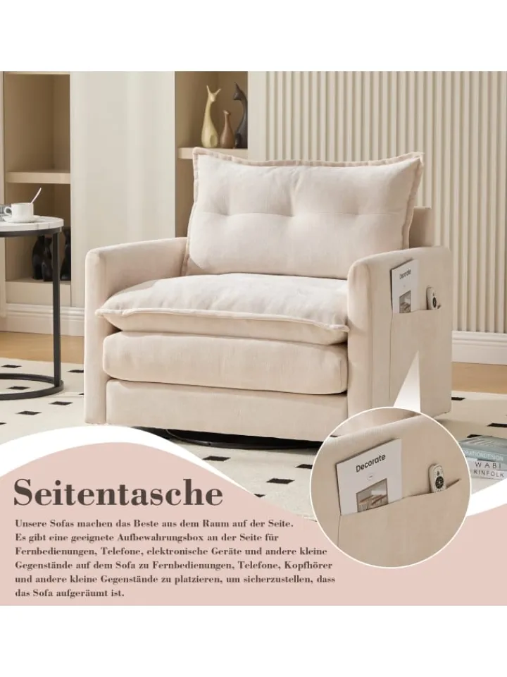 ABRIHOME Sitzmöbel<Loungesessel in Beige 360° drehbar mit Armlehnen und Kissen