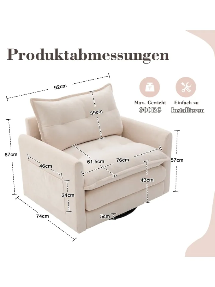 ABRIHOME Sitzmöbel<Loungesessel in Beige 360° drehbar mit Armlehnen und Kissen