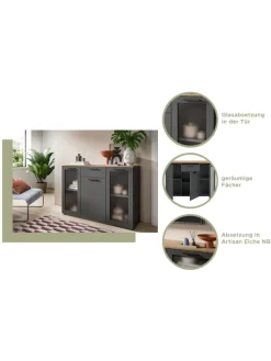 xonox.home Regale & Schränke<Lowboard (B/H/T): 185x52x40 cm in Basalt grau, Artisan Eiche und Glas
