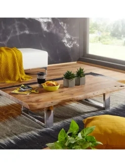 KADIMA DESIGN Tische<Massiver Akazienholz Couchtisch, Landhausstil, stabile Metallbeine