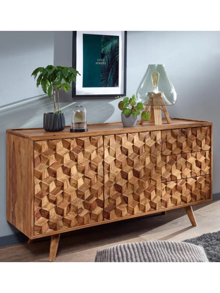 KADIMA DESIGN Regale & Schränke<Massivholz-Sideboard in Sheesham, Türen & Schubladen, 138x76x45 cm