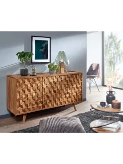 KADIMA DESIGN Regale & Schränke<Massivholz-Sideboard in Sheesham, Türen & Schubladen, 138x76x45 cm