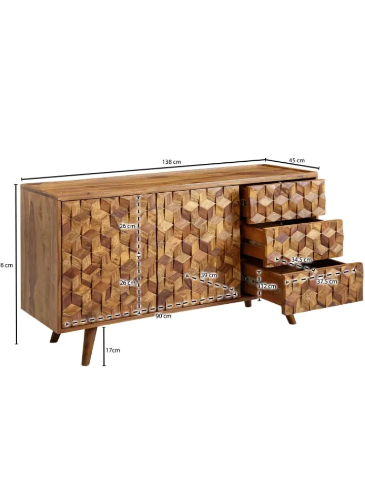 KADIMA DESIGN Regale & Schränke<Massivholz-Sideboard in Sheesham, Türen & Schubladen, 138x76x45 cm