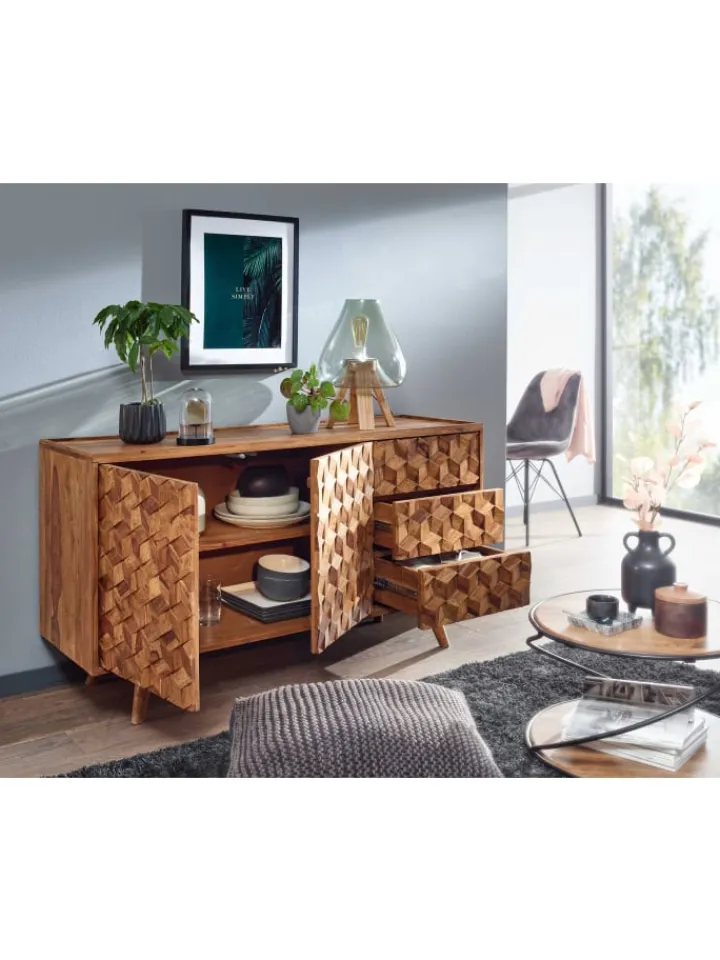 KADIMA DESIGN Regale & Schränke<Massivholz-Sideboard in Sheesham, Türen & Schubladen, 138x76x45 cm