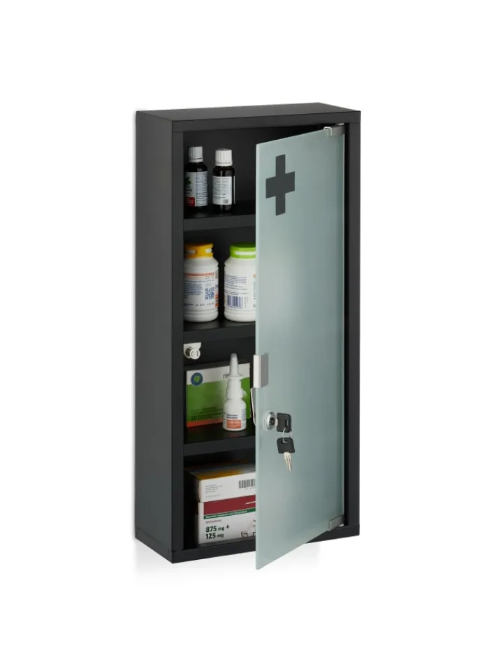 relaxdays Badmöbel<Medizinschrank in Schwarz - (B)27 x (H)57 x (T)12 cm