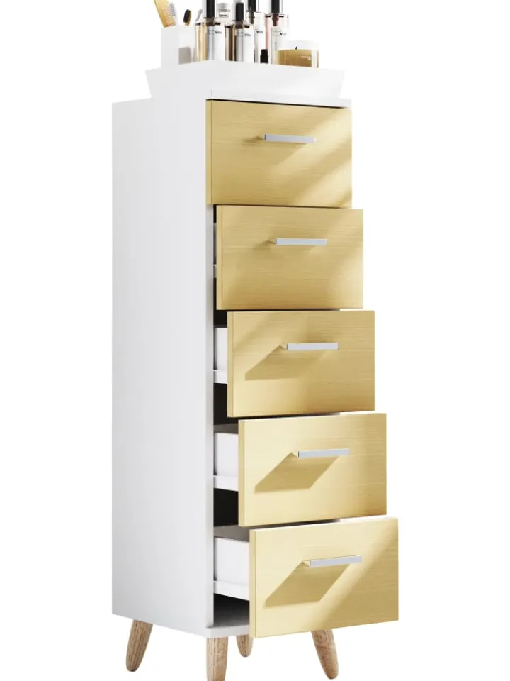 VCM Badezimmermöbel<Midischrank Badmöbel Kommode Schubladen Landos M in Weiß / Honig-Eiche