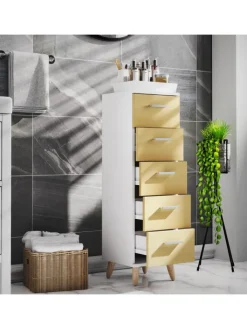 VCM Badezimmermöbel<Midischrank Badmöbel Kommode Schubladen Landos M in Weiß / Honig-Eiche
