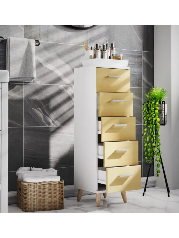 VCM Badezimmermöbel<Midischrank Badmöbel Kommode Schubladen Landos M in Weiß / Honig-Eiche