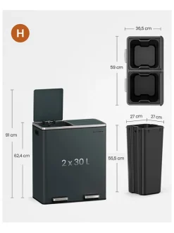 Songmics Mülleimer<Mülleimer in Schwarz - (B)59 x (H)62,4 x (T)36,5 cm