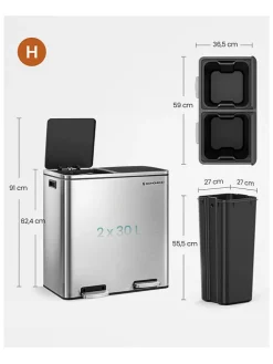 Songmics Mülleimer<Mülleimer in Silber - (B)59 x (H)62,4 x (T)36,5 cm