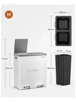 Songmics Mülleimer<Mülleimer in Weiß - (B)59 x (H)62,4 x (T)36,5 cm