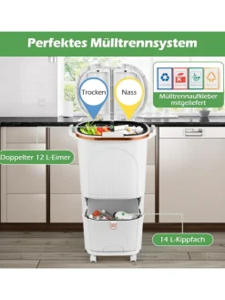 COSTWAY Mülleimer<Mülleimer Küche 3 Fächer 2 x 12L & 14L in Weiß