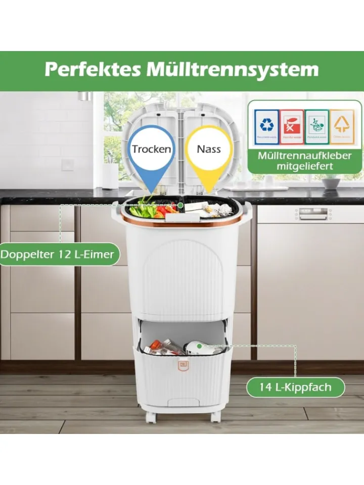 COSTWAY Mülleimer<Mülleimer Küche 3 Fächer 2 x 12L & 14L in Weiß