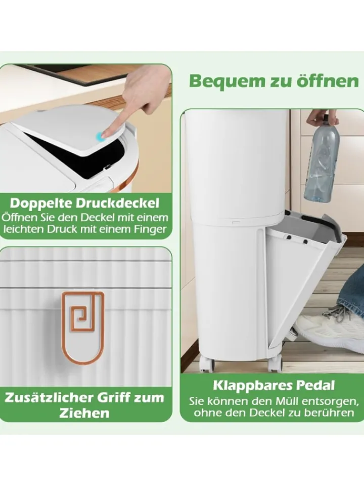 COSTWAY Mülleimer<Mülleimer Küche 3 Fächer 2 x 12L & 14L in Weiß