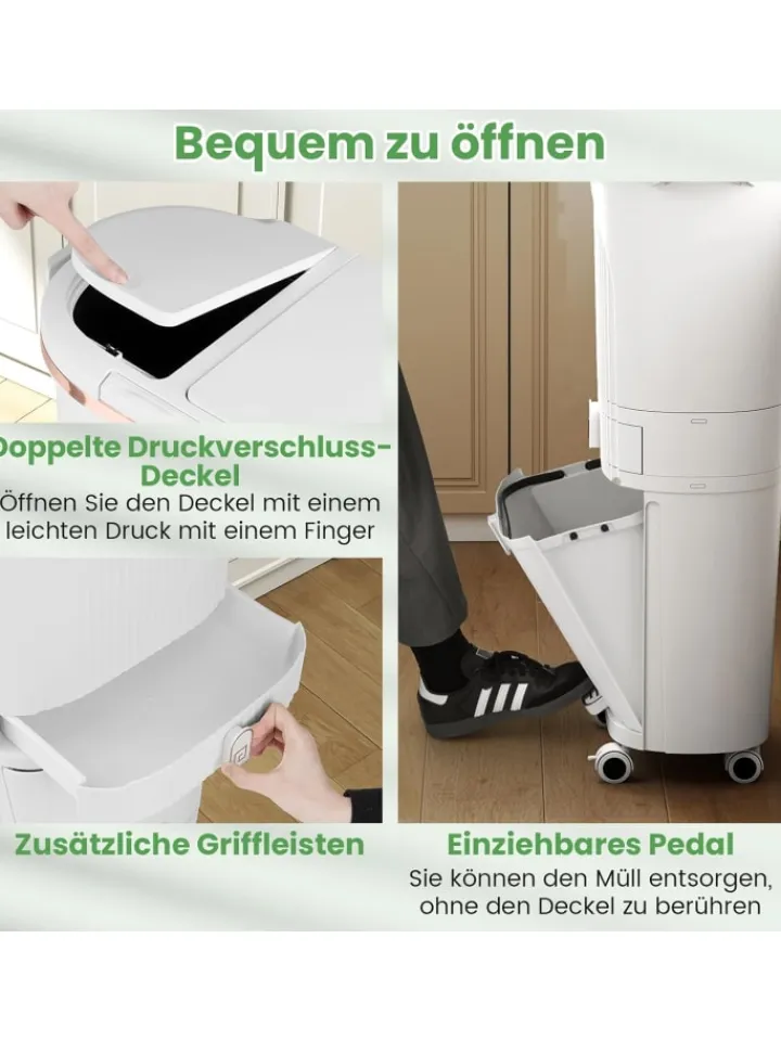 COSTWAY Mülleimer<Mülleimer Küche 3 Fächer 2 x 12L & 14L in Weiß