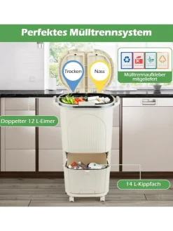 COSTWAY Mülleimer<Mülleimer Küche 3 Fächer 2 x 12L & 14L in Beige