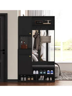 ABRIHOME Garderoben<Multifunktionale Schuhschrank mit Bank und Stauraum in Schwarz