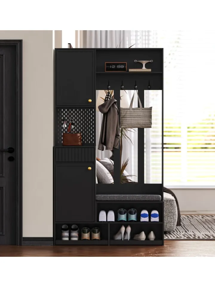 ABRIHOME Garderoben<Multifunktionale Schuhschrank mit Bank und Stauraum in Schwarz