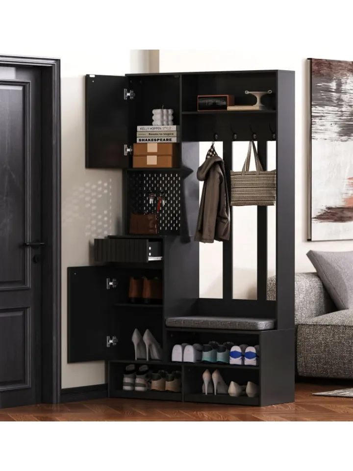 ABRIHOME Garderoben<Multifunktionale Schuhschrank mit Bank und Stauraum in Schwarz