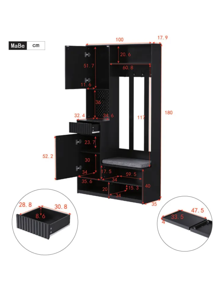ABRIHOME Garderoben<Multifunktionale Schuhschrank mit Bank und Stauraum in Schwarz