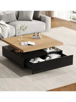 ABRIHOME Tische<Multifunktionaler 360° schwenkbarer Couchtisch mit Stauraum in Schwarzer