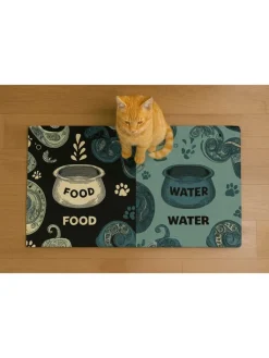 Paws&Whiskers Katzen<Napfunterlage in Schwarz/ Blau - (L)40 x (B)70 cm