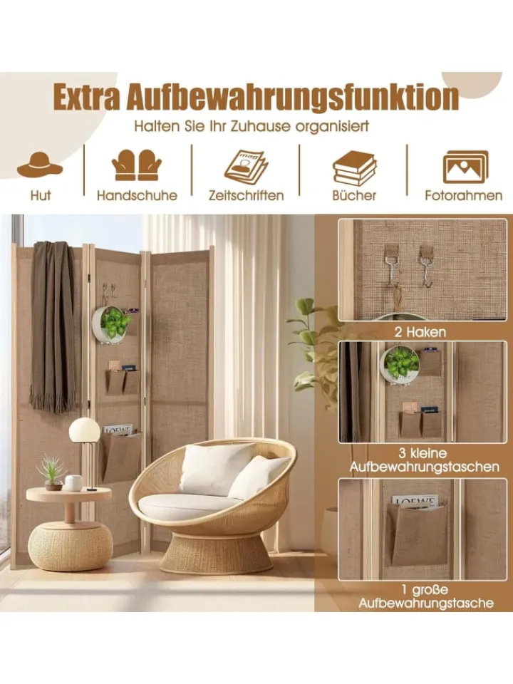 COSTWAY Paravents<Paravent 170cm 3 tlg. Trennwand in Beige