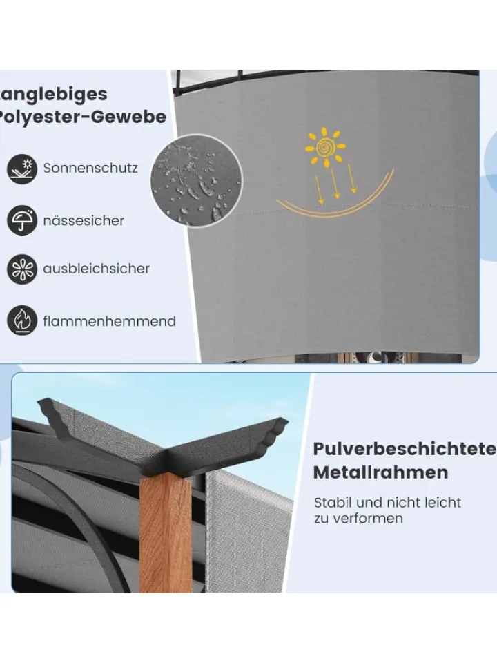 COSTWAY Gartenmöbel<Pergola mit ausziehbarem Dach 3,6x3m in Grau