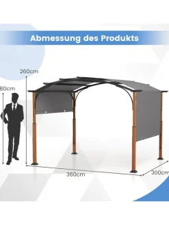 COSTWAY Gartenmöbel<Pergola mit ausziehbarem Dach 3,6x3m in Grau