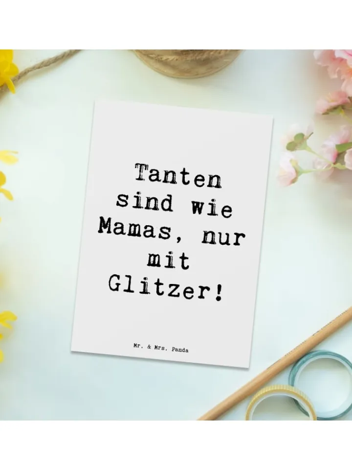 Mr. & Mrs. Panda Partyzubehör & -Dekoration<Postkarte Glitzernde Tante mit Spruch in Weiß