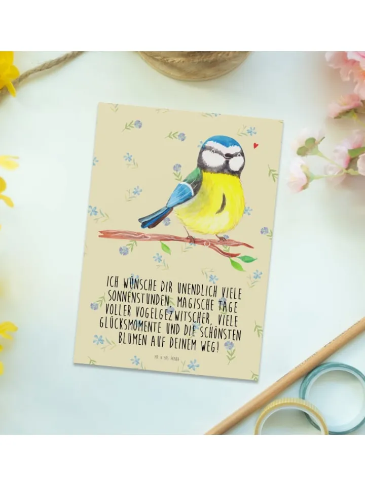 Mr. & Mrs. Panda Partyzubehör & -Dekoration<Postkarte Vogel Blaumeise mit Spruch in Blumig