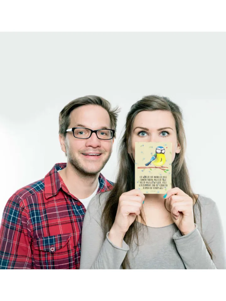 Mr. & Mrs. Panda Partyzubehör & -Dekoration<Postkarte Vogel Blaumeise mit Spruch in Blumig