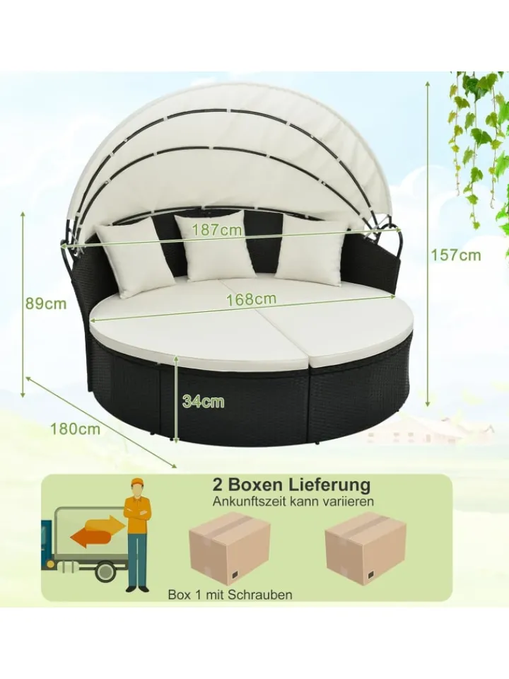 COSTWAY Gartenmöbel<Rattan Sonneninsel mit Baldachin 187x180x157cm in Schwarz