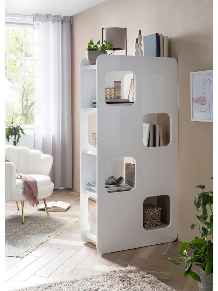 SalesFever Regale & Schränke<Raumteiler-Regal mit 4 Böden und 8 Fächer aus MDF Hochglanz in Weiß
