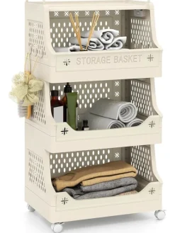 COSTWAY Regale & Schränke<Rollwagen faltbar 44,5 x 30 x 74,5 cm in Beige