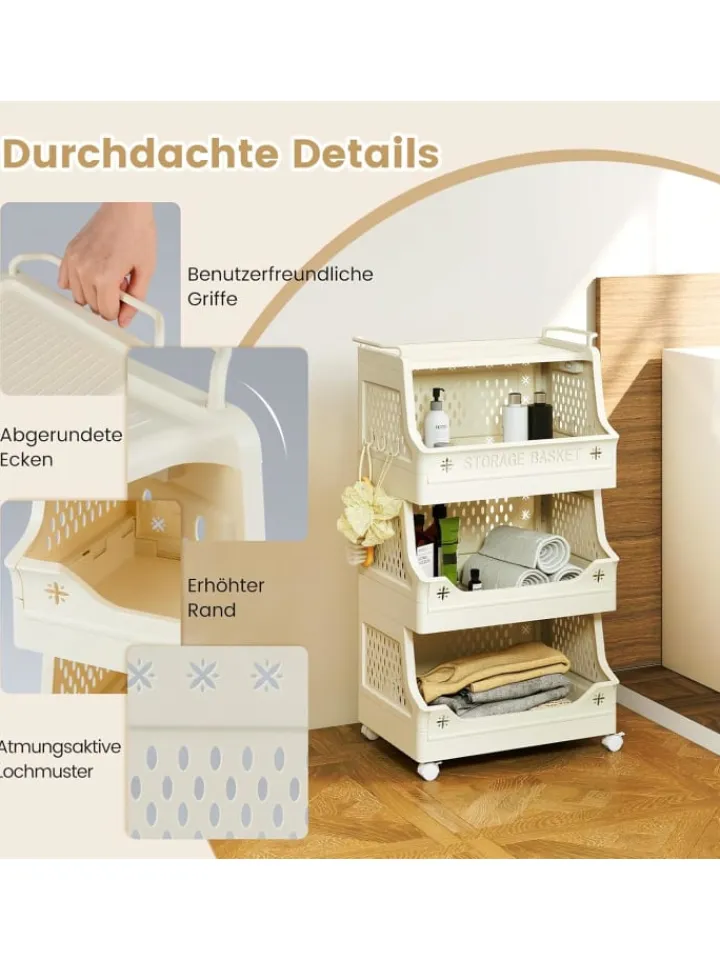 COSTWAY Regale & Schränke<Rollwagen faltbar 44,5 x 30 x 74,5 cm in Beige