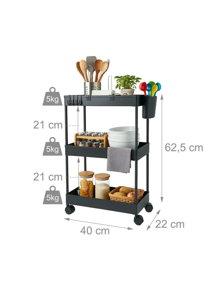 relaxdays Weitere Haushaltshelfer<Rollwagen in Schwarz - (B)40 x (H)62,5 x (T)22 cm