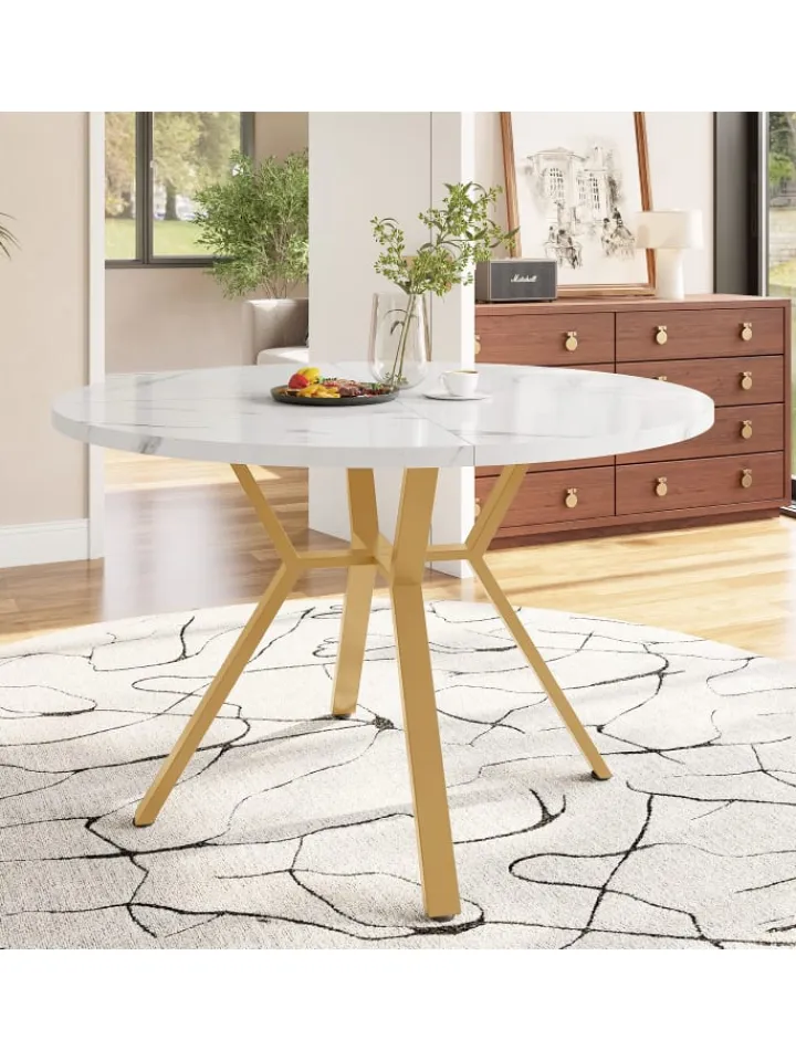 ABRIHOME Tische<Runder Esstisch in Gold mit Marmorplatte Durchmesser 100 cm