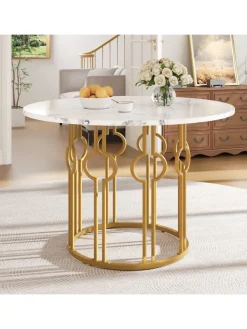 ABRIHOME Tische<Runder Esstisch in Marmoroptik 100x100x76 cm mit goldenen Metallbeinen