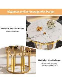 ABRIHOME Tische<Runder Esstisch in Marmoroptik 100x100x76 cm mit goldenen Metallbeinen