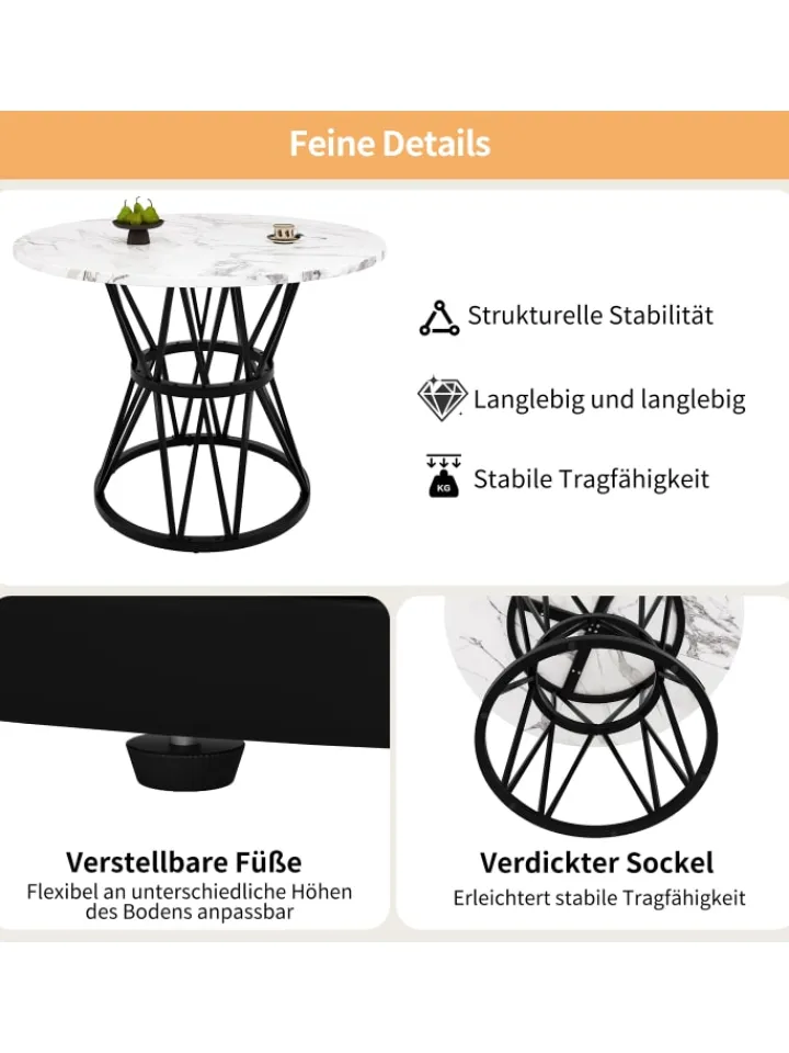 ABRIHOME Tische<Runder Esstisch in Schwarz Marmor mit Metallbeinen 100x100x76 cm