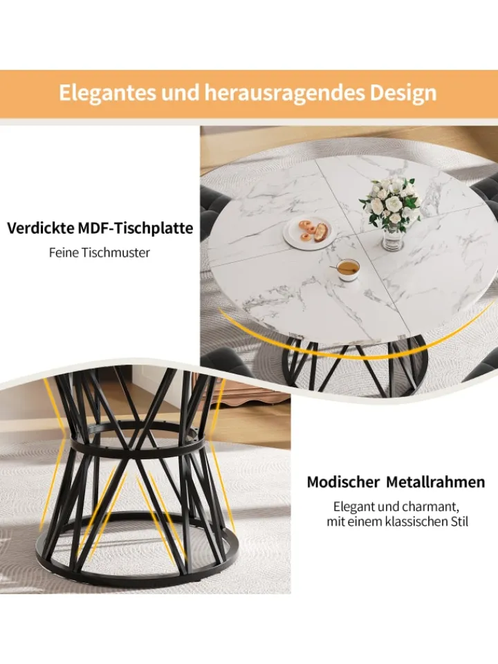 ABRIHOME Tische<Runder Esstisch in Schwarz Marmor mit Metallbeinen 100x100x76 cm