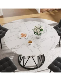 ABRIHOME Tische<Runder Esstisch in Schwarz Marmor mit Metallbeinen 100x100x76 cm